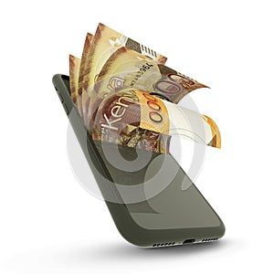 3D rending of Kenyan shilling notes inside a mobile phone photo