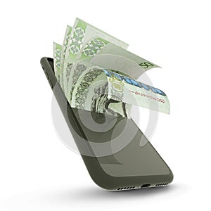 3D rending of Libyan Dinar notes inside a mobile phone photo