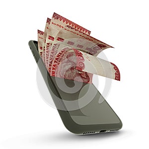 3D rending of Tanzanian shilling notes inside a mobile phone photo