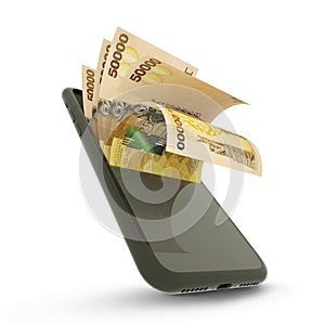 3D rending of Ugandan shilling notes inside a mobile phone photo