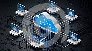Cloud Computing Network With Multiple Connected Devices And Servers Representing Data Storage And Secure Digital Connectivity.
