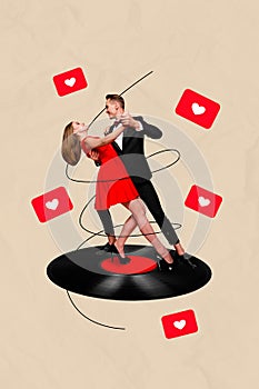 3d retro abstract creative artwork template collage of dancing young couple dress suit tango vinyl retro vintage
