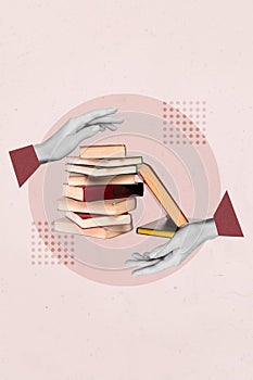 3d retro abstract creative artwork template collage of hand bookstore book pile stack college university student woman