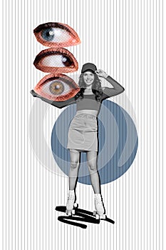 3d retro abstract creative artwork template collage of pretty young girl courier roller skater hold eyes pile billboard