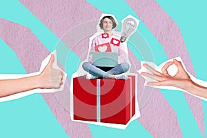 3d retro abstract creative artwork template collage of young female laptop electric bulb hand gestures bizarre unusual