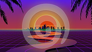 3d Retro wave city background. Neon night landscape with a futuristic city in the style and aesthetics of the 80s and