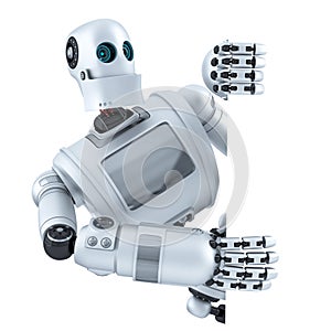 3d Robot with blank banner. . Contains clipping path photo