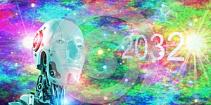 3D robotic head coming up year 2032 full AI system on abstract bacgoundk photo