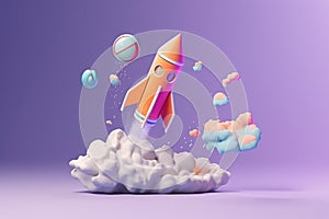 3D Rocket Blasting Off from a Cloud with Flames and Smoke, Dynamic Space Launch and Takeoff Imagery