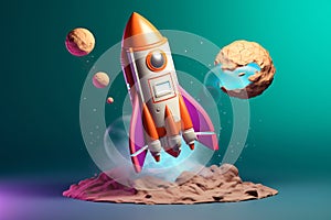 3D Rocket Blasting Off from a Cloud with Flames and Smoke, Dynamic Space Launch and Takeoff Imagery