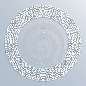 3D round white frame, vignette. Islamic geometric border, bas-relief. Vector muslim, persian motif. Elegant oriental