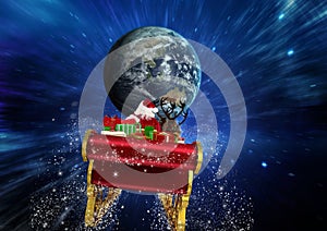 3D Santa claus riding reindeer sleigh towards globe