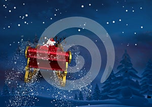 3D Santa claus riding reindeer sleigh towards the sky