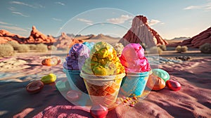 3D scene of colorful ice creams set against a stunning desert backdrop