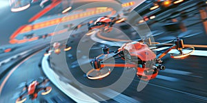 A 3D scene of a drone racing competition with highspeed drones maneuvering through complex obstacles photo