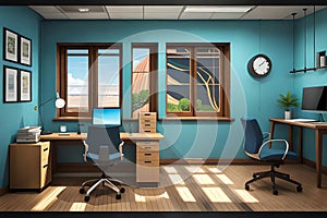2d scene, office, point and click, cartoon style Ai generated photo