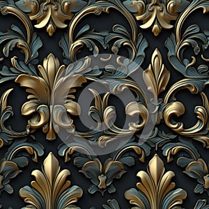 3d Seamless Damask With Classic Gold Floral Pattern photo