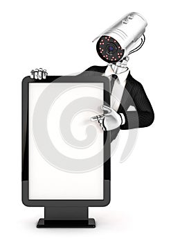 3d security agent with camera head pointing to blank billboard