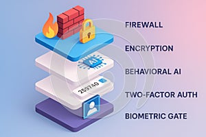 3D security layers illustration showing firewall encryption behavioral AI two-factor authentication and biometric gate protection
