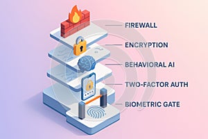 3D security layers illustration showing firewall encryption behavioral AI two-factor authentication and biometric gate protection