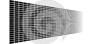 3d segmented, dashed lines geometric pattern. Vanish, diminish strips in perspective. Irregular stripes photo