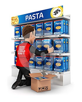 3d seller arranging packs of pasta in supermarket shelve photo
