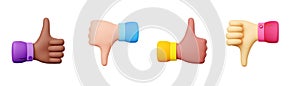 3D set of multiethnic thumbs up and down hands