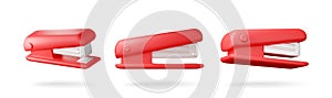 3D set of red plastic stapler isolated on white.