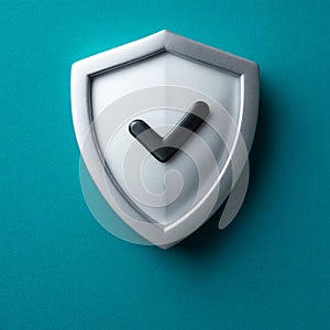 3D shield with checkmark on teal background symbolizing security.