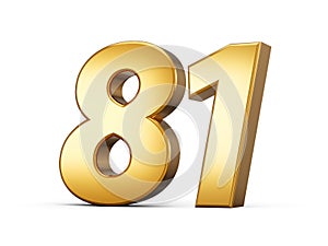 3d Shiny Gold Number 81, Eighty One 3d Gold Number Isolated On White Background, 3d illustration