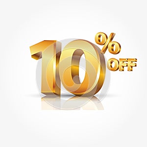 3d shiny gold 10 percent off text with reflection isolated on white background. illustration for promotion discount