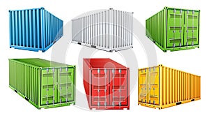 3D Shipping Cargo Container Set Vector. Blue, Red, Green, White, Yellow. Freight Shipping Container Concept. Logistics