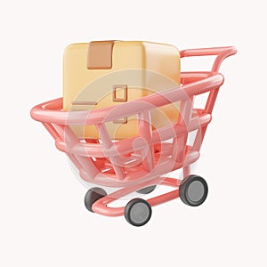 3D Shopping cart and cardboard box. Fast delivery concept from online store. Shipping logistics package delivery. Cargo