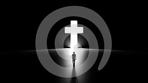 3D Silhouette of a Man Walking into Religious Cross Shaped Hole photo