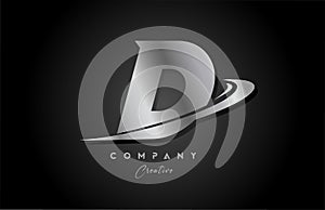 D silver metal grey alphabet letter logo icon design with swoosh. Creative template for company and business
