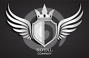 3d silver winged heraldry shield with crown logo
