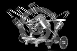 3D six-cylinder car engine - solid and wireframe model, black background
