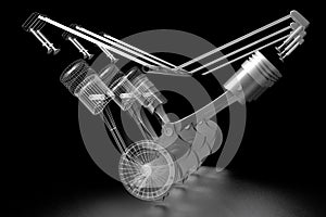 3D six-cylinder car engine - solid and wireframe model, black background