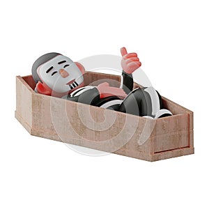 3D Skeleton Boy Character sleeping on a coffin