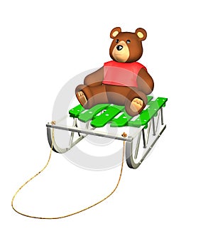 3D sled with teddy toy on white background