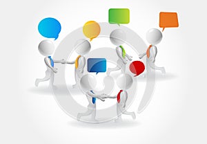 3d Small people handshaking and talking speech bubbles
