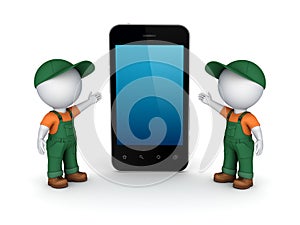 3d small people in workwear and cellphone. photo