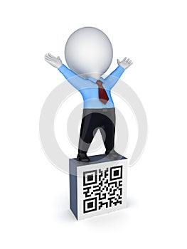 3d small person and symbol of QR code.