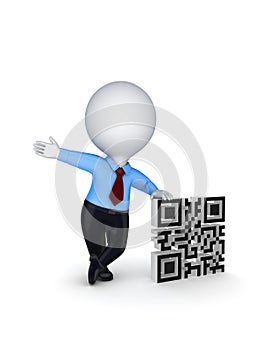 3d small person and symbol of QR code.