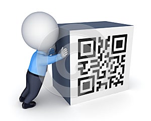 3d small person and symbol of QR code.