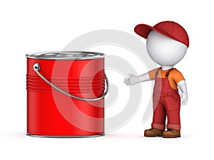 3d small person in workwear and paint can. photo
