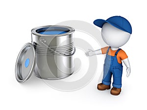 3d small person in workwear and paint can. photo