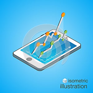 3D Smartphone with graphs in the isometric projection. Modern infographic template. Isometric vector illustration