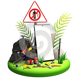 3D Smartphone Mockup with No Littering Sign and Trash photo
