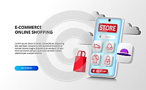 3D smartphone perspective app for e-commerce online shopping concept with fashion outline icon with 3D shopping bag and hat